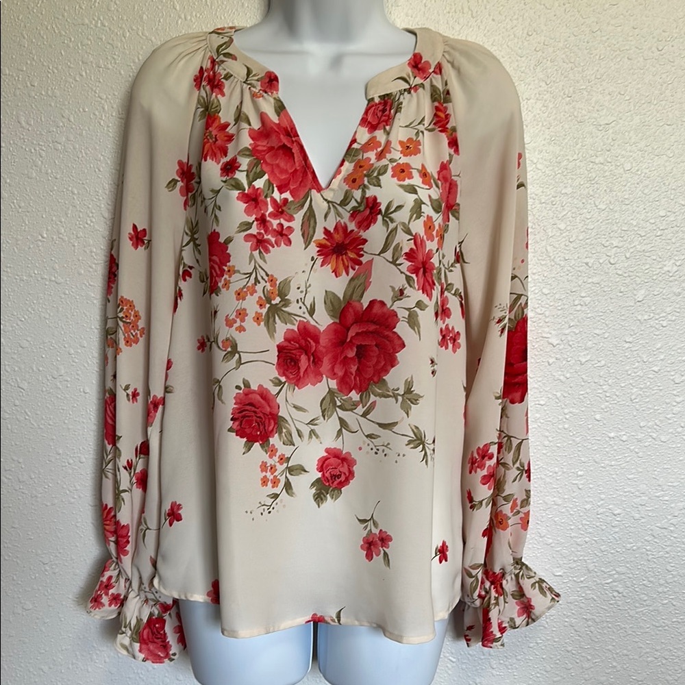 Blu Pepper Ruffled Red and Cream Blouse Size Small